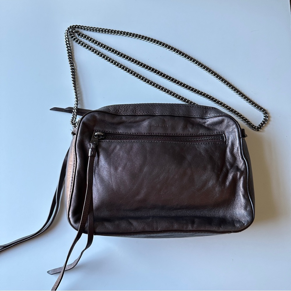 AllSaints Metallic Brown Leather Chain Crossbody Bag